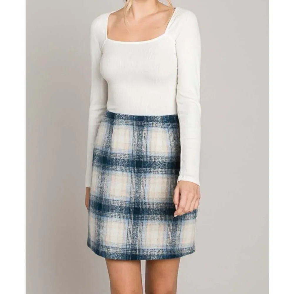 Navy Tartan Wool Plaid Skirt